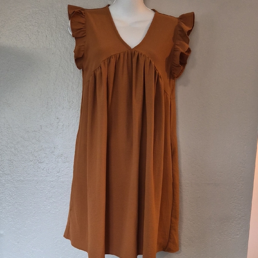 Ces Femme Brown Ruffle Sleeve Mini Dress